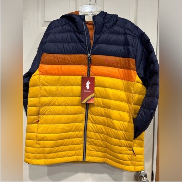 Cotopaxi Men’s XXL Fuego Hooded Down Puffer Jacket Blue Yellow NWT - Picture 1 of 14